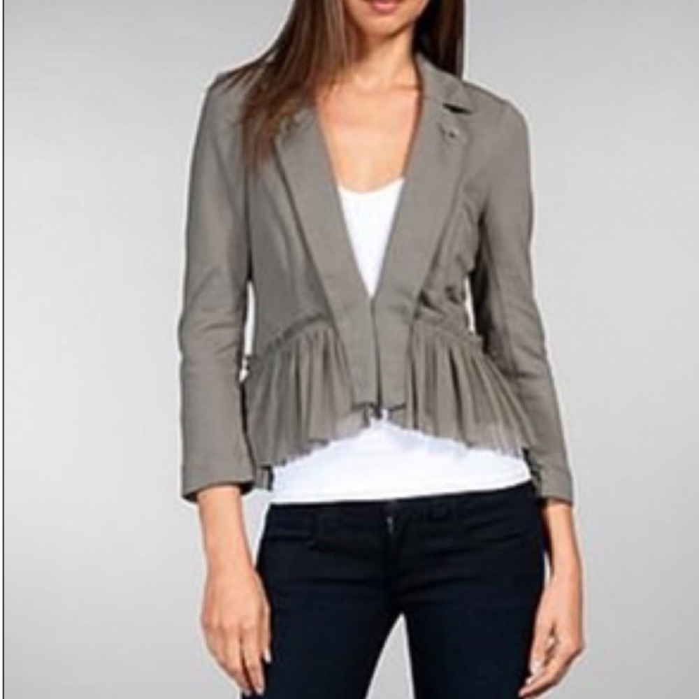 Free People Olive Green Mesh Tulle Peplum Knit Blazer Jacket Size 10